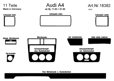 Prewoodec interieurset audi a4 11/1994-1/1999 zonder airco 11-delig - aluminium audi a4 avant (8d5, b5)  winparts