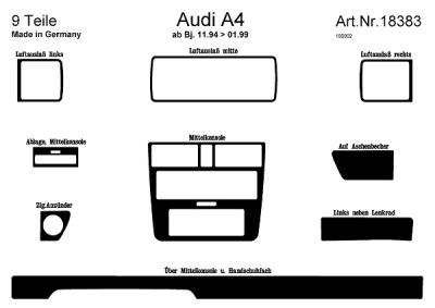 Prewoodec interieurset audi a4 11/1994-1/1999 met airco 9-delig - aluminium audi a4 (8d2, b5)  winparts