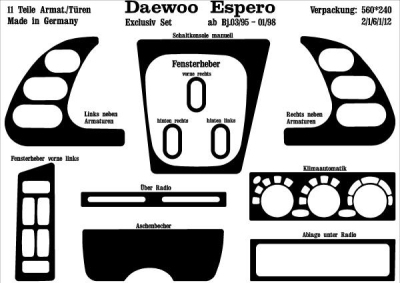 Prewoodec interieurset daewoo espero 2/1995-5/1997 11-delig - aluminium daewoo espero (klej)  winparts