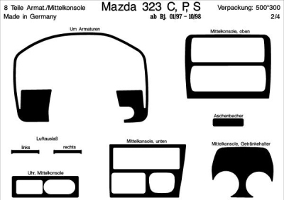 Foto van Prewoodec interieurset mazda 323 c/p/s 3-deurs 11/1996- 8-delig - aluminium mazda 323 s v (ba) via winparts