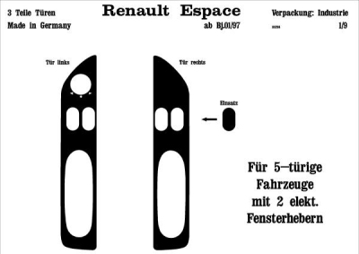 Prewoodec interieurset renault espace met 2 electrische ramen 12/1996- 3-delig - wortelnoot renault espace iii (je0_)  winparts