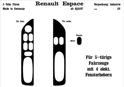 Prewoodec interieurset renault espace met 4 electrische ramen 12/1996- 3-delig - wortelnoot renault espace ii (j/s63_)  winparts