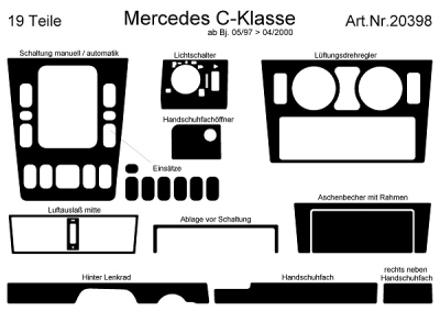Prewoodec interieurset mercedes c-klasse 5/1997-4/2000 19-delig - wortelnoot mercedes-benz c-klasse sportcoupe (cl203)  winparts