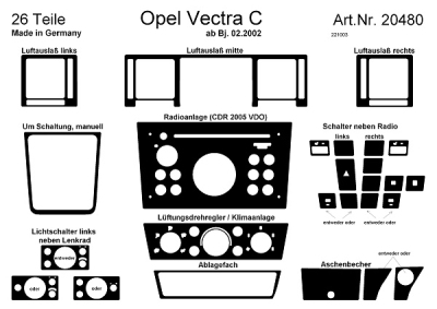 Prewoodec interieurset opel vectra c handgeschakeld 2002- incl. airco (vdo) - wortelnoot opel vectra c stationwagen  winparts