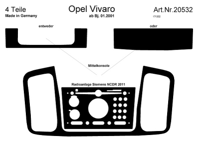 Prewoodec interieurset opel vivaro 01/2001- 4-delig (siemens audio/navi) - aluminium opel vivaro bestelwagen (f7)  winparts