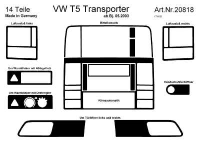 Foto van Prewoodec interieurset volkswagen transporter t5 5/2003- incl. climatronic 14-delig - aluminium volkswagen transporter v bestelwagen (7ha, 7hh, 7ea, 7eh) via winparts