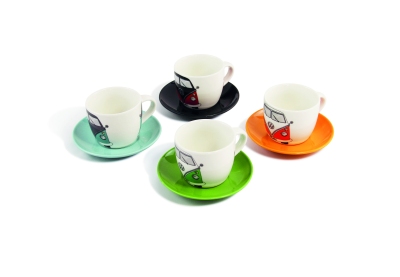 Foto van Vw t1 bus espresso cups, 4-delig set - oranje, groen, benzine / brown & red / black universeel via winparts